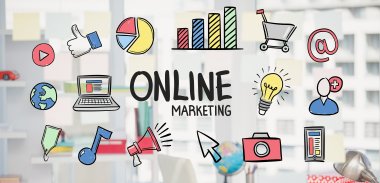 digital composite of marketing graphics with office background digital composite of marketing graphics with office background