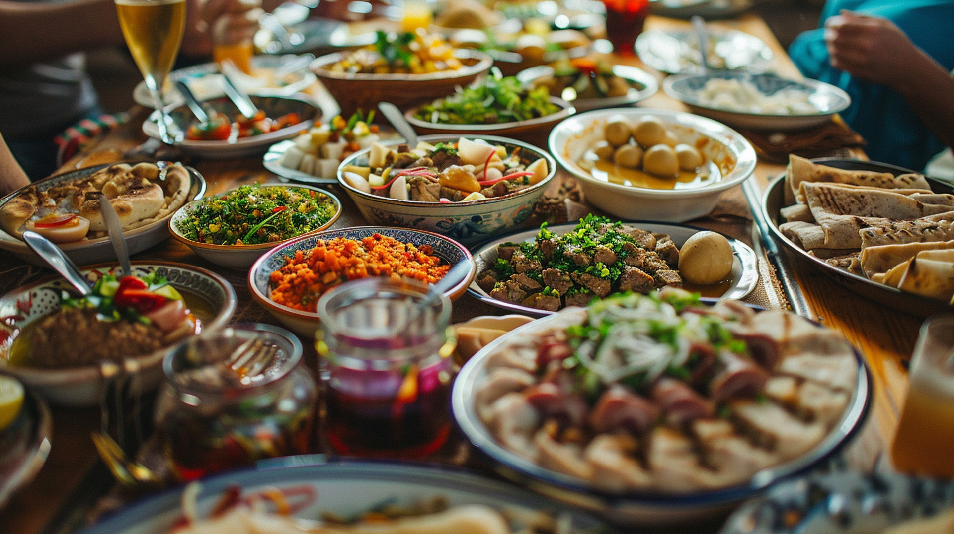 Traditionelles arabisches Festmahl mit Mezze und gegrilltem Fleisch – große Auswahl an Mezze-Gerichten wie Hummus, Taboulé, Falafel und gegrilltem Fleisch auf einem gemeinsamen Tisch.
