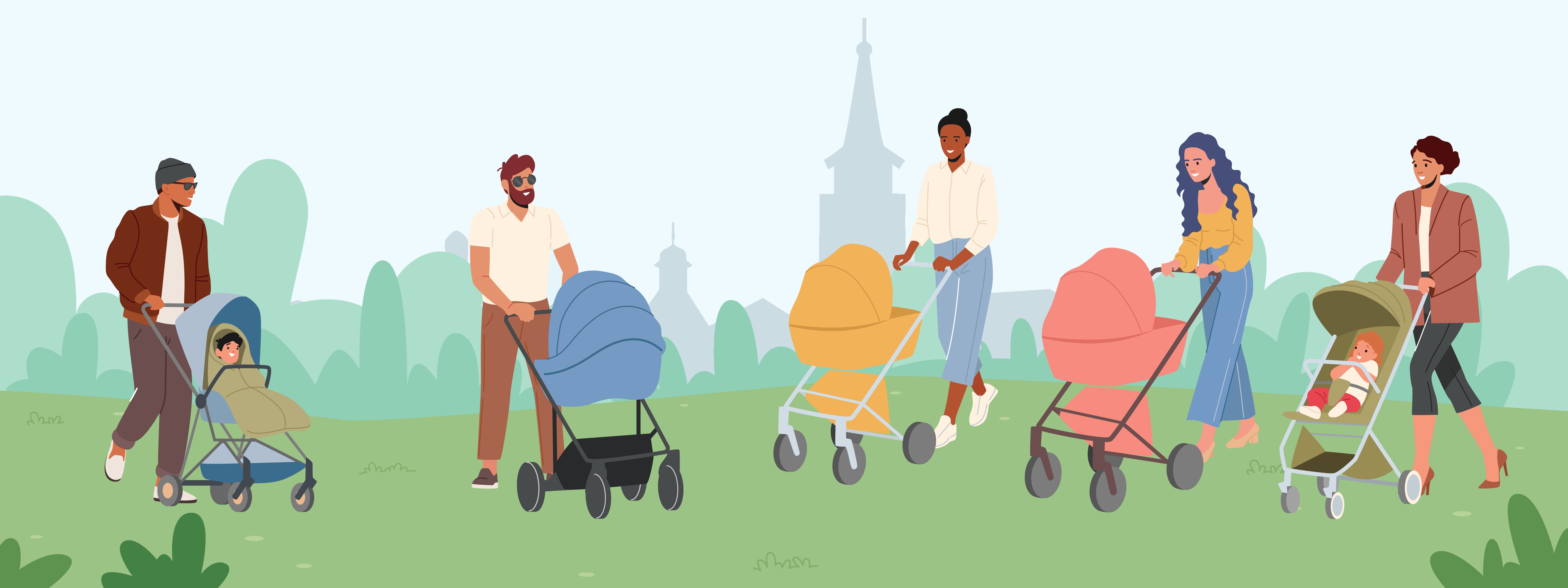 Parents Walk with Babies in Strollers at Summer City Park. Maternity and Paternity Concept. Young Moms and Dads Walk