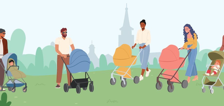 Parents Walk with Babies in Strollers at Summer City Park. Maternity and Paternity Concept. Young Moms and Dads Walk