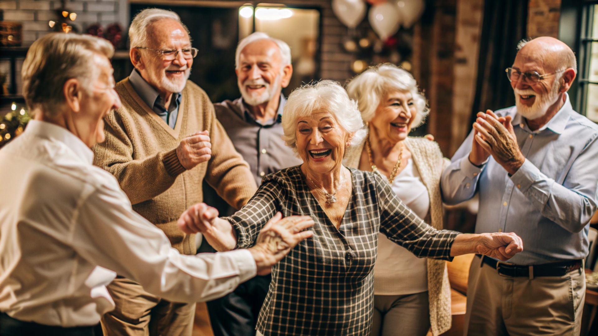 Smiley happy seniors dancing and having fun celebrating party in nursing home, elderly people enjoying a lively social activity gathering Smiley happy seniors dancing and having fun celebrating party in nursing home, elderly people enjoying a lively social activity gathering