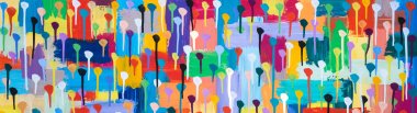 Buntes Gemälde mit Punkten, Kästchen und Tropfen von Carola Vahldiek, Gouache, Muster, Hintergrund