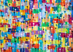 Buntes Gemälde mit Punkten, Kästchen und Tropfen von Carola Vahldiek, Gouache, Muster, Hintergrund