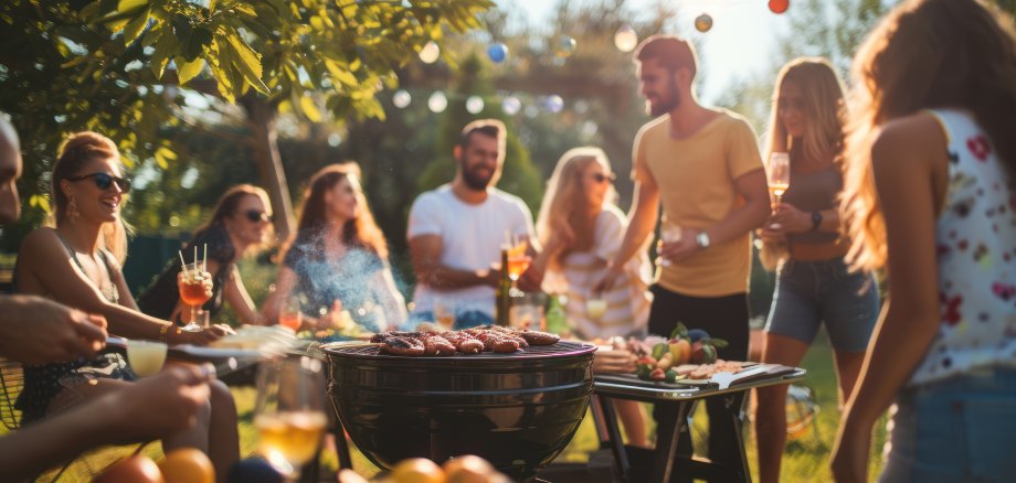 Eine Gruppe von Freunden feiert im Freien und grillt