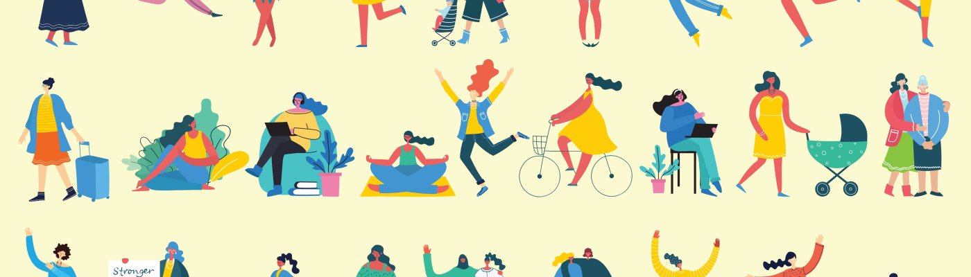 Colorful vector illustration concept set of different activities of women for Happy Women's internarional day cards, posters and banners . Group of happy female friends, mothers in flat design Enjoying coffee with my team