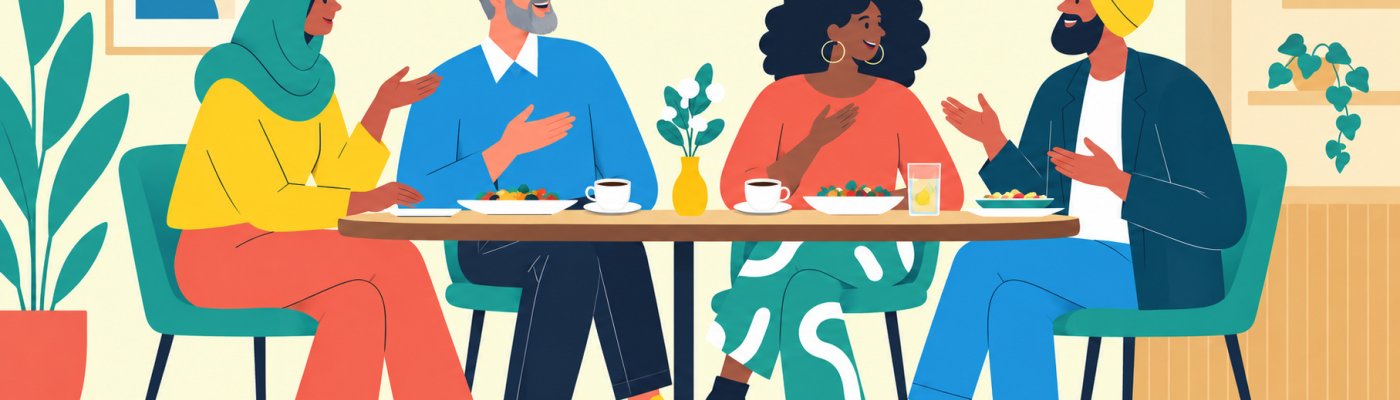 Interkulturelle Kommunikation im Café 2 Frauen und 2 Männer unterschiedl. Kulturen im Gespräch im Café