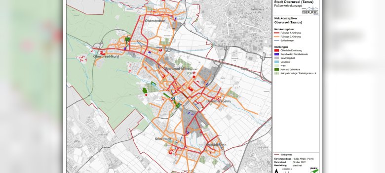 Zu sehen ist eine Karte Oberursels. Darauf eingezeichnet in Rot und Orange sind die Hauptfußwege.