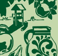 Motiv-Ausschnitt: Bembel und Brunnen auf einer Wiese