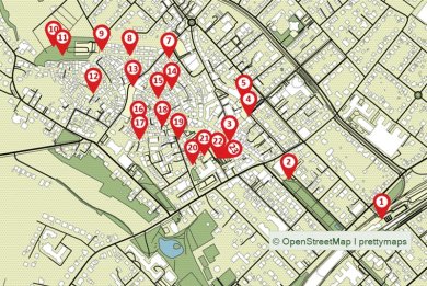 Stadtplan mit Markierungen an allen Stationen des Grünen Weges