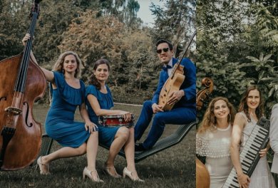 Musikerinnen und Musiker mit Instrumenten in der Natur