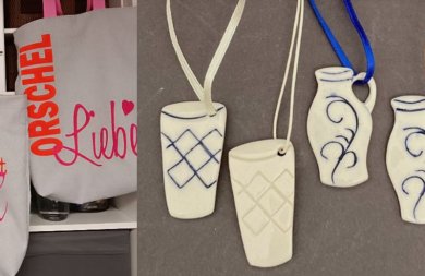 Tasche mit Aufschrift "Orschel-Liebe" und kleine Bembel-Anhänger aus Keramik