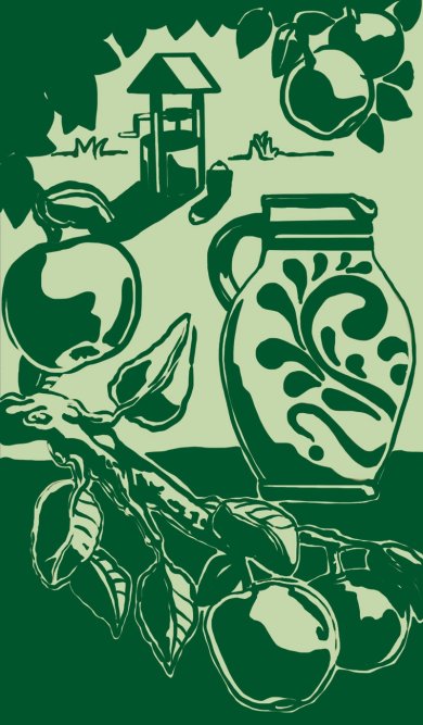 Grüner Weg-Stations-Motiv: Ein Apfelwein-Bembel steht auf einer Wiese vor einem Brunnen. Vom oberen Rand des Bildes hängen Apfelbaumblätter, Äste und Äpfel herab.