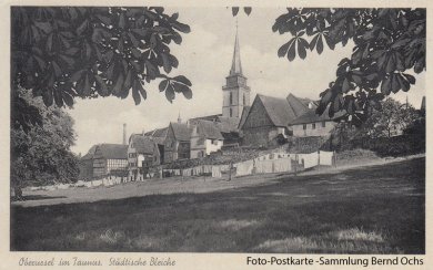 Foto-Ansicht der Wiesenfläche - die Bleiche genannt wird. Im Hintergrund sieht man das Fachwerkensemble der Altstadt mit der Sankt Ursula Kirche. Vor der Stadtmauer hängen große weiße Laken auf Wäscheleinen.