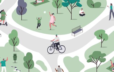 Zeichnung von Plätzen und Wegen mit spielenden Kindern und Fahrrädern und Menschen die auf Wiesen liegen
