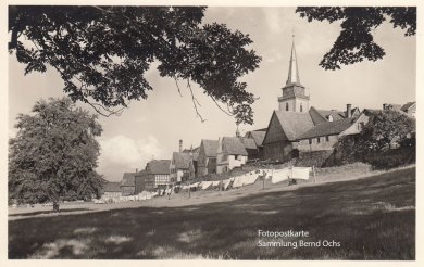Foto-Ansicht der Wiesenfläche - die Bleiche genannt wird. Im Hintergrund sieht man das Fachwerkensemble der Altstadt mit der Sankt Ursula Kirche. Vor der Stadtmauer hängen große weiße Laken auf Wäscheleinen. Am linken Bildrand sieht man eine recht große Linde die hier einst stand.