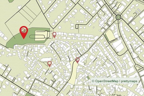 Stadtplan mit den Markierungen der nächsten Grüner Weg-Stationen