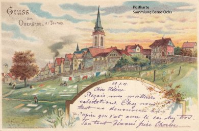 Gemalte Postkarte mit Blick auf Fachwerkhäuser und Sankt Ursula Kirch. Davor die Wiesen-Fläche der städtischen Bleiche. Auf dem Rasen liegen weiße Laken ausgebreitet. 