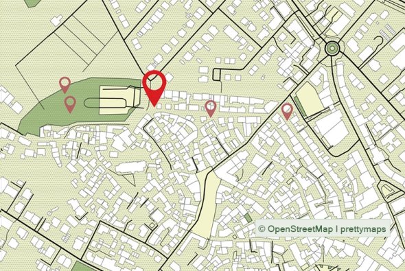 Stadtplan mit den Markierungen der nächsten Grüner Weg-Stationen