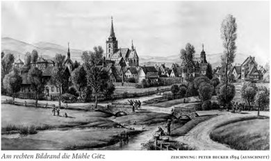 Zeichnung Rathausareal mit Blick auf Sankt Ursula