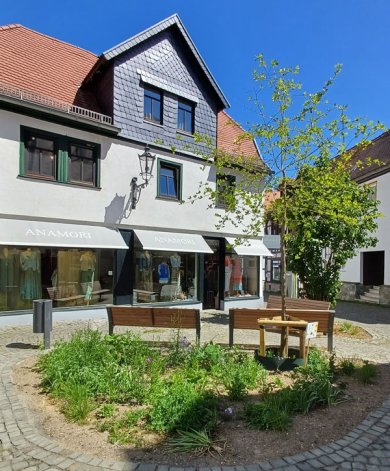 Man sieht den Pocket Park. Ein Baum, 3 Sitzbänke und zwei Beete stehen vor dem Haus. 