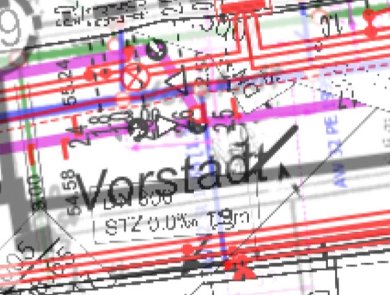 Leitungsplanausschnitt. Man kann sehen wie unglaublich viele Leitungen im Untergrund der Fußgängerzone verlaufen